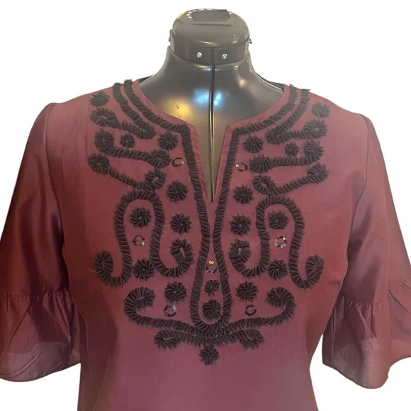 Women's Talbots RSVP Embellished Silk Blend Blouse Top, Burgundy, L - Picture 4 of 15